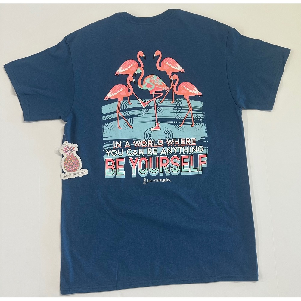 Love & Pineapples Flamingo Be Yourself Graphic Tee Blue Medium NWT